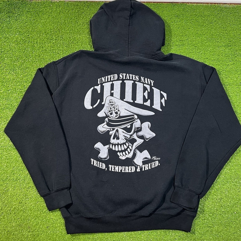 Vintage US Navy Skull And Bones Hoodie Med Navy Chief Tried Tempered True